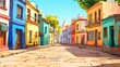 Colorful cartoon urban street with vibrant buildings and lush trees in daylight