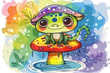 Cartoon cute doodles of a spotted monster with big eyes and a cheerful expression, sitting on a rainbow-colored mushroom, Generative AI