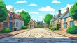 cartoon village scene with charming houses and lush greenery under a clear sky