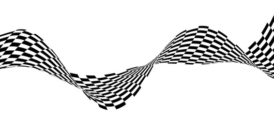 Poster - Black and white wavy bent ribbon element. Curved checkered stripe background. Liquid abstract line wallpaper for banner, cover, poster, presentation, brochure, flyer. Vector optical illusion backdrop