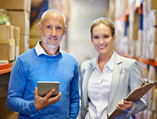 Poster - Warehouse, portrait and business people with clipboard, tablet or retail, planning or teamwork. Face, supply chain and factory team with app for inventory, stock or checklist for digital procurement