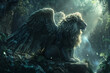 Mystical winged lion guards treasure in a lush fantasy forest