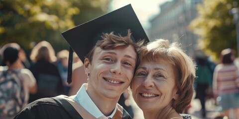 Canvas Print - A man and woman are smiling for the camera, with the man wearing a graduation cap. The woman is holding the man's arm, and they appear to be happy and proud. The scene suggests a moment of celebration