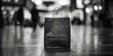 Wall Mural - A black shopping bag is sitting on the ground in front of a building. The bag is empty and he is a bit worn out. The scene is set in a city, with people walking around and cars in the background