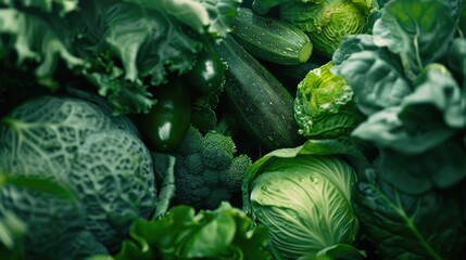 Wall Mural - A bunch of green vegetables including broccoli, lettuce, and cucumbers. The vegetables are all fresh and healthy looking