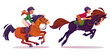 Horse rider man and woman in equipment. Cartoon vector illustration set of male and female character in helmet and uniforms ride on horseback. Equestrian school and racehorse training concept.