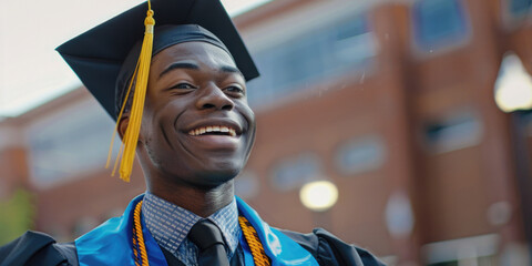 Canvas Print - A smiling man in a graduation cap and gown. He is wearing a blue gown and a yellow tie