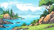 © chesleatsz - cartoon landscape with vibrant lake, mountains, and lush greenery