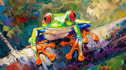 Wall Mural - Colorful Illustration of  cute tree frog on abstract background. Oil painting.