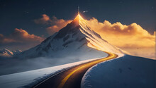 A Glowing Road Going To Flag On A Snow Mountain Top, Business Goals Achievement Concept, Mountain Surrounded With Fog, 