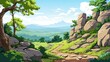 cartoon illustration nature scene with lush greenery and a distant mountain under a clear sky