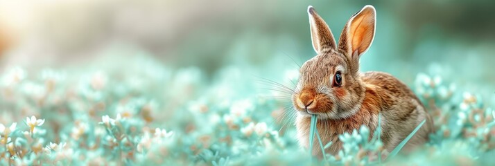 A rabbit is eating grass in a green field. The rabbit is small and brown, AI generative