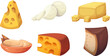 Cheddar cheese food piece isolated cartoon icon. Dairy triangle block and product slice for french lunch or breakfast. Farm swiss appetizer. Assortment of mozzarella, gouda and parmesan collection