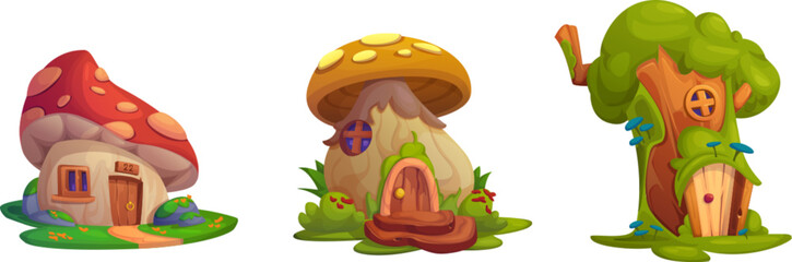 Wall Mural - Cute fairy tale mushroom gnome or elf house vector set. Fantasy fairytale forest building for magic dwarf or hobbit with window, fungus roof and porch. Isolated vegetable village cottage illustration