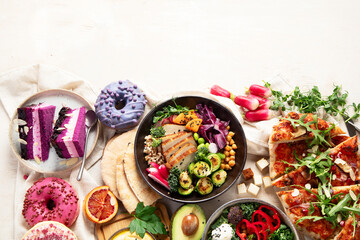 Wall Mural - Vegan food on wooden background.  Healthy and tasty brunch