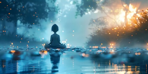 Poster - Meditation App Character Floating in Zen Digital Peace Landscape with Reflections and Glowing Lights