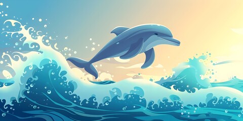 Wall Mural - Joyful Dolphin Leaping Over Crashing Ocean Waves in Vibrant Aquatic