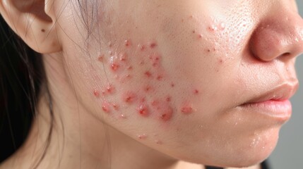 acne on woman face with rash skin, scar, and red skin syndrome allergic to cosmetics, use steroids, dermatology, inflammation, infection, hygiene