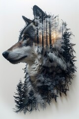 Wall Mural - A wolf's head is shown in a forest with trees