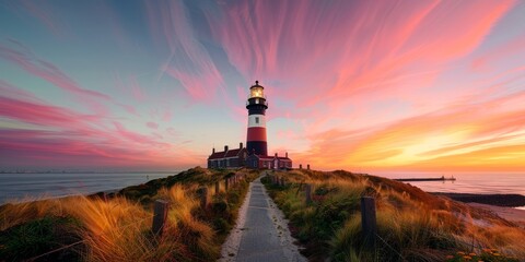 Wall Mural - A lighthouse is on a rocky shoreline with a beautiful sunset in the background
