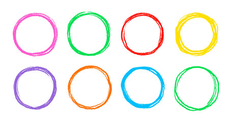 Aufkleber - Scribble circle round vector frame. Hand drawn rough scribble effect line. Children color crayon brush stroke frame. Scribble hand drawn grunge doodle color circle set. Vector illustration