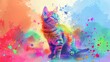  A vibrantly hued feline perched against a backdrop splattered with numerous multicolored spots
