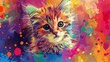  A kitten on a colorful background with paint splatters on its face - a painting of a feline on a rainbow canvas with spattered hues
