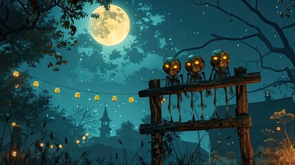 Wall Mural - Spooky Halloween Night with Skeletons, Owl, and Wooden Banner under Moonlight - 3D Rendering and Real Shots Composition