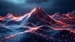 Incorporates abstract digital mountains range landscape with glowing light dots. Low poly wireframe modern illustration on technology blue background. Data mining concept.