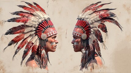 Headdress with feathers. View from the front and from the side. Isolated modern.