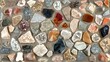  A collection of various-colored, uniquely-shaped, and sized stones arranged on a cement surface
