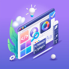 Wall Mural - 3d isometric illustration, cartoon. mobile application, software and web development with 3d shapes,