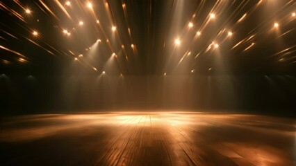 Poster - The performance stage blurred into a tunnel of light with spotlights shining on it.