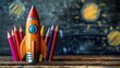 Rocketing into the New School Year: Colorful Pencils and Blackboard Startup Concept