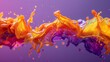  An image depicts a mixture of orange and purple liquids interacting against a backdrop of two shades of purple, set against a blue sky