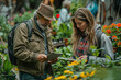 people in a garden center discussing and checking plants with digital help