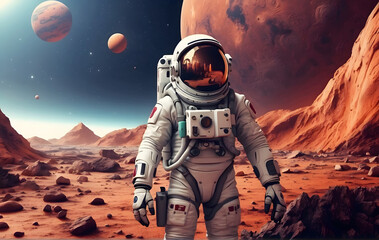 an astronaut in a space suit standing on a rocky surface on the moon, astronaut in space