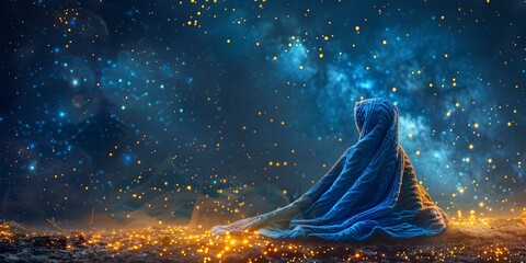 Wall Mural - stargazing solitary figure beneath the cosmic night sky surrounded by glowing celestial wonders