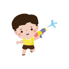 Wall Mural - Songkran festival kid thai Traditional playing enjoy water gun splashing water Thailand cartoon character flat style Happy thai new year vector illustration on white background