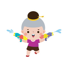 Wall Mural - Songkran festival kid thai Traditional playing enjoy water gun splashing water Thailand cartoon character flat style Happy thai new year vector illustration on white background