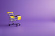 achat, vente, grande surface, centre commercial, caddie de grande surface ou de magasin jaune et chrome sur un fond violet avec espace négatif copy space