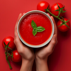 White bowl with tomato sauce with basil leaf, held by two hands and tomatoes aside on a red table