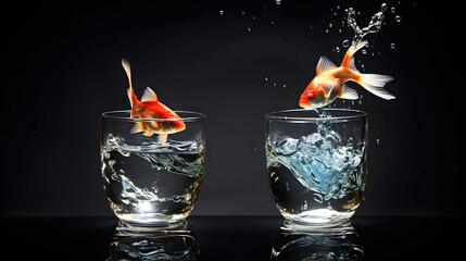 Goldfish jumping out of the water in a fishbowl. water world. fauna and biology. concept of achieving goal and freedom