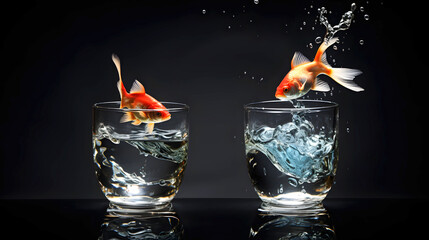 Sticker - Goldfish jumping out of the water in a fishbowl. water world. fauna and biology. concept of achieving goal and freedom