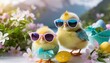 Funny easter concept holiday animal greeting card - Cool cute little easter chick baby with sunglasses on table