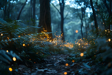 Wall Mural - lights of fireflies beetles in the evening forest. fauna and flora in nature