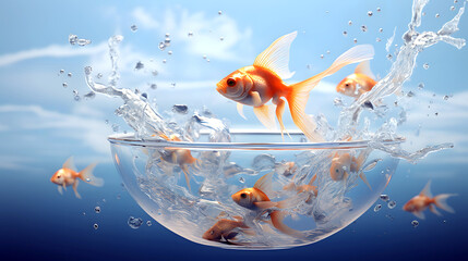 Sticker - Goldfish jumping out of the water in a fishbowl. water world. fauna and biology. concept of achieving goal and freedom