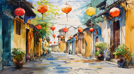 Canvas Print - Hoi An Vietnam in watercolor painting,  