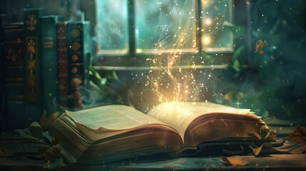 An old open book with magical lights and glitter on a wooden table, evoking a sense of wonder, fantasy, and the charm of reading