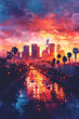 Los Angeles skyline view, color sketch illustration 